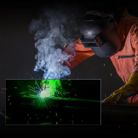5 Pack Beefy Hardened Welding Glass Lens Shade 13 Filter Plates Rock Solid Black Shield Replacements For MIG TIG Stick Welders Pro Eye Protection Scratch Proof Arc Guards 2 By 4 25 Inches welding in action with sparks and smoke