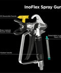 InoFlex Spray Gun showing 515 reversible nozzle, brass nozzle holder, rubber handle, and in-gun mesh filter, 3600 PSI power.