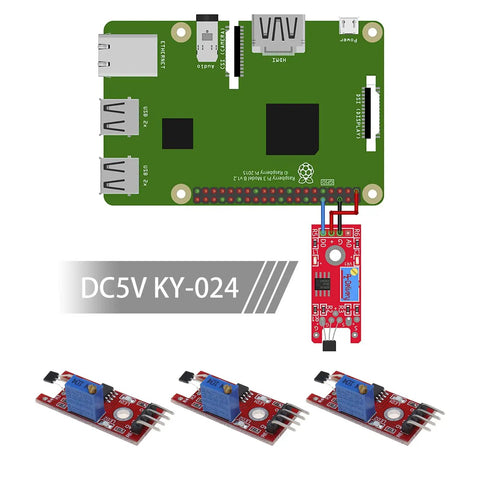 KY 024 Linear Magnetic Hall Effect Sensor Module for Android Raspberry Pi ESP8266 with adjustable potentiometer, breadboard setup.