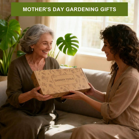Woman gifting garden tool box labeled 'Garden Tools' to an elderly woman, smiling in a room filled with plants.