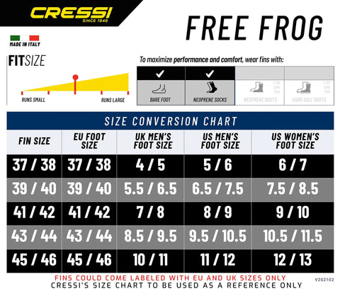 Size conversion chart for Free Frog Full Foot Pocket Fins For Scuba Diving And Snorkeling Black Size 41 To 42 Improved Foot Fit