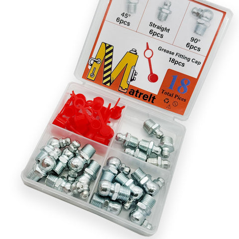 18-Piece 3/8-24 Grease Fitting Kit With Zerk Caps Straight 45 Degree And 90 Degree Configurations Galvanized Steel