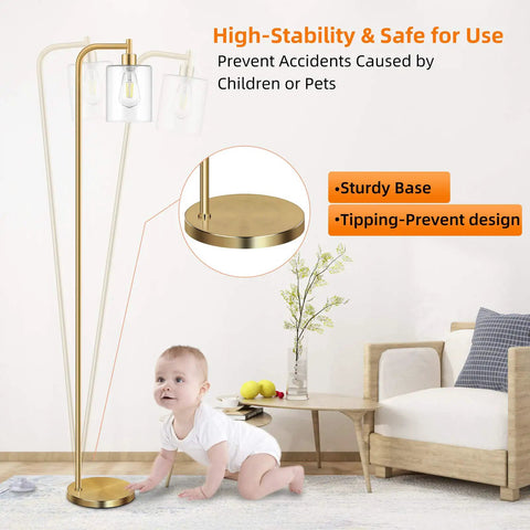 Industrial Floor Lamp With Dope Hanging Glass Shade And Brass Gold Farmhouse Indoor Pole Light Edison E26 Base Vintage Rustic Standing Tall For Living Room Bedroom Or Office Bulb Included next to child-safe sturdy base illustration in living room setting.