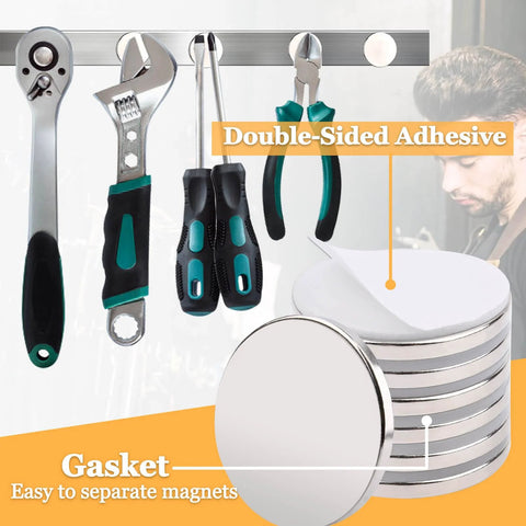 Neodymium disc magnets with double-sided adhesive, 1.26 in x 1/8 in, pack of 12