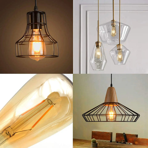 4-Pack Dimmable Vintage Edison Light Bulbs, Amber Glass ST64, E26 Base, in various pendant light fixtures, warm glow