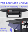 Adjustable Height Rolling AV Cart Mobile Workstation With Drop Leaf Shelves Pullout Keyboard Tray Locking Steel Cabinet And Built In Power Strip For Classroom And Office Use Fits 24 To 42 Inch Displays Black, showing drop-leaf side shelves