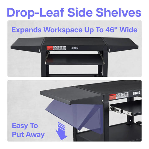 Adjustable Height Rolling AV Cart Mobile Workstation With Drop Leaf Shelves Pullout Keyboard Tray Locking Steel Cabinet And Built In Power Strip For Classroom And Office Use Fits 24 To 42 Inch Displays Black, showing drop-leaf side shelves