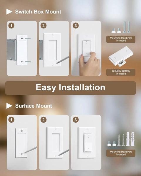 3 Way Wireless Light Switch And Receiver Kit With 200 Ft RF Long Range, Easy No Rewire Install, Instant On Off Remote, Works Without WiFi, Simple Setup For Living Room, Bedroom And Hallway Lighting; easy installation with wall mount hardware