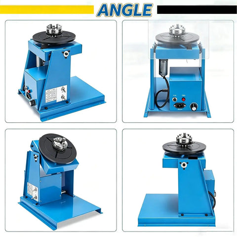 Heavy Duty Portable Welding Positioner Turntable With Foot Pedal Control And 65mm Chuck Runs Totally Slick On The Bench, showing 4 angles.