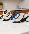 All Purpose 8 Inch Heavy Duty Utility Scissors 3 Pack Built Tough Workhorse With Forged 440 Stainless Steel And Triple Heat Treated Blades on counter