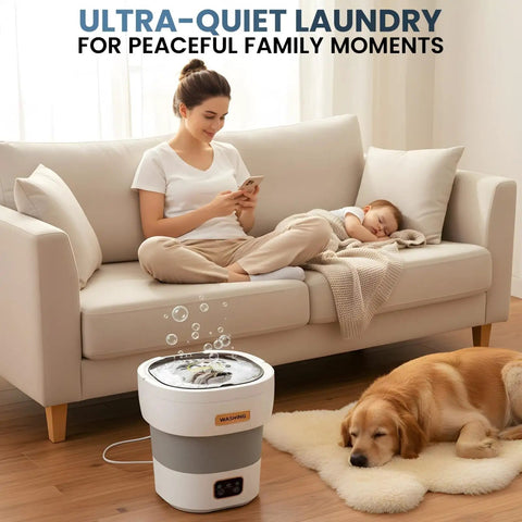 No Sweat Compact Portable Washer With 15L Spin Basket Designed For Underwear Socks And Delicate Clothes Easy Pack Away Design Sweet For Dorms Hotels Apartments And Camping Trips in a cozy living room setting.