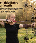 A woman using 360 Degree Rotating Caliper Bow Release For Compound Bow Ambidextrous Archery Release With Adjustable Oxford Fabric Wrist Straps Durable Bow Accessory For Youth And Adults Easy Trigger Pull For Left Or Right Hand