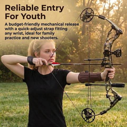A woman using 360 Degree Rotating Caliper Bow Release For Compound Bow Ambidextrous Archery Release With Adjustable Oxford Fabric Wrist Straps Durable Bow Accessory For Youth And Adults Easy Trigger Pull For Left Or Right Hand