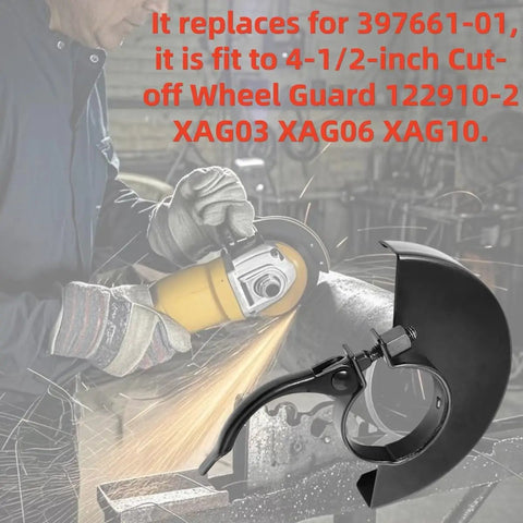 Person using a DeWalt angle grinder with Grinder Guard Five Inch And Four And A Half Inch Replacement Part 39766101 attached.