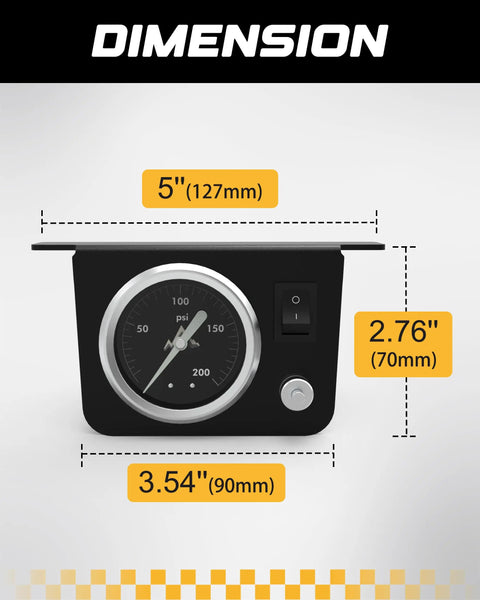 Dimensions of Air Gauge Control Kit With Paddle And Air Fittings For Air Bag Suspension, 0-200 PSI Range, Easy Install