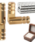 Premium Brass Hidden Hinges Set For Mini Jewelry Boxes And Music Boxes With 270 Degree Folding, showing hinges, magnets, and box