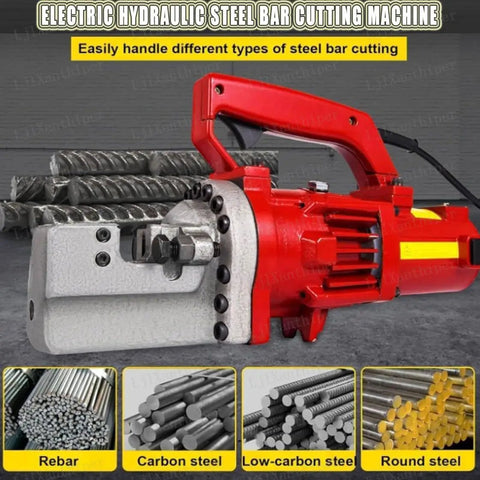 Heavy Duty Handheld Electric Hydraulic Rebar Cutter Saw 1250W Cuts 4 To 20Mm Rebar In Seconds Portable Cutting Machine With Stainless Steel Carry Case Rc-20 in use cutting various steel bars.