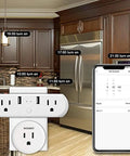 Ditch That Clunky Power Strip With This Absolute Game Changer Smart Outlet Featuring Four Plugs And Three Usb Ports For Frictionless App Control Of Lamps Fans And Electronics in a kitchen setup.