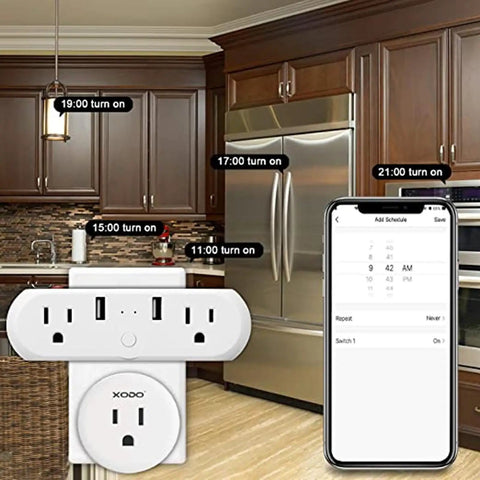 Ditch That Clunky Power Strip With This Absolute Game Changer Smart Outlet Featuring Four Plugs And Three Usb Ports For Frictionless App Control Of Lamps Fans And Electronics in a kitchen setup.