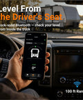 Hassle Free Wireless RV Leveling System With Bluetooth App Control For Travel Trailers Fifth Wheels And Motorhomes Features Real Time Pitch Roll Monitoring To Park Dead Center Without Breaking A Sweat displayed on smartphone in truck.