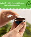 Hands holding coffee pod with paper filter and reusable cap for Nespresso VertuoLine brewers with eco-friendly label.