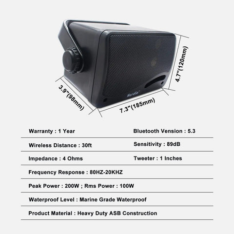 Outdoor Bluetooth Speakers 3.5 Inch, 200W 3-Way Waterproof Wall Mount System, side angle showing dimensions and features
