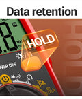 Close-up of All In One Digital Multimeter Tester For Home Auto And DIY Projects with data hold feature highlighted in red.