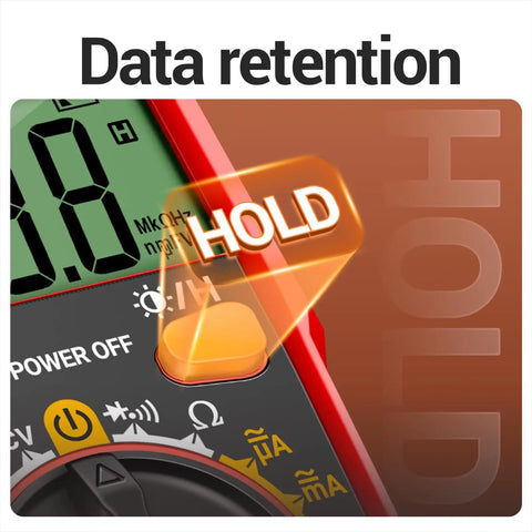 Close-up of All In One Digital Multimeter Tester For Home Auto And DIY Projects with data hold feature highlighted in red.