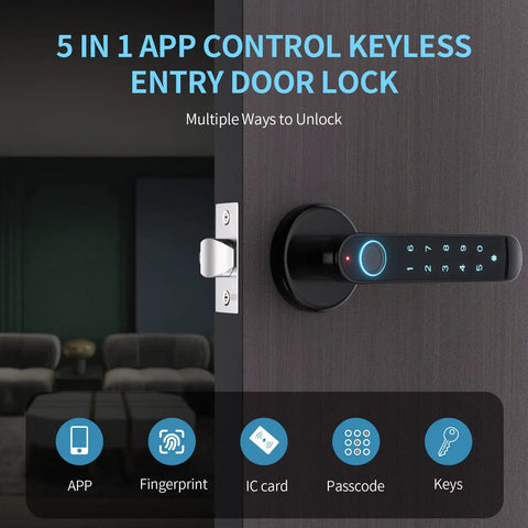 Smart Fingerprint Door Lock Knob 5 In 1 Keypad With App Control Handle Card Access Passcodes Physical Keys And 100 Fingerprints Biometric Keyless Entry For Bedroom Home Office Hotel