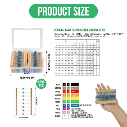 2600 Piece 0.25W Resistors Assortment Kit With Through Hole Axial Leads 1 Ohm To 10 Mega Ohm 130 Values in clear box with chart