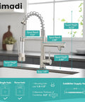 Heavy Duty Single Handle Kitchen Sink Faucet With Pull Down Sprayer Brushed Nickel 304 Stainless Steel Body with dimensions
