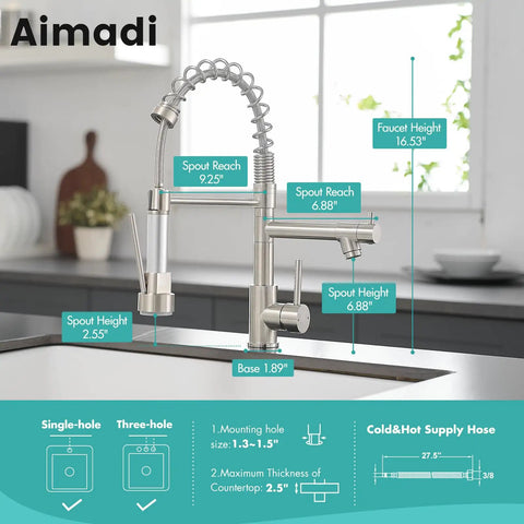 Heavy Duty Single Handle Kitchen Sink Faucet With Pull Down Sprayer Brushed Nickel 304 Stainless Steel Body with dimensions