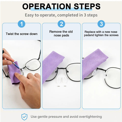 Operation steps for Hella Comfy Universal Silicone Nose Pads For Glasses 12 Pairs with tool kit, showing installation process.