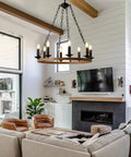 Eight-Light Farmhouse Wagon Wheel Chandelier, 26-Inch Industrial Round Candelabra Pendant Light Fixture in living room