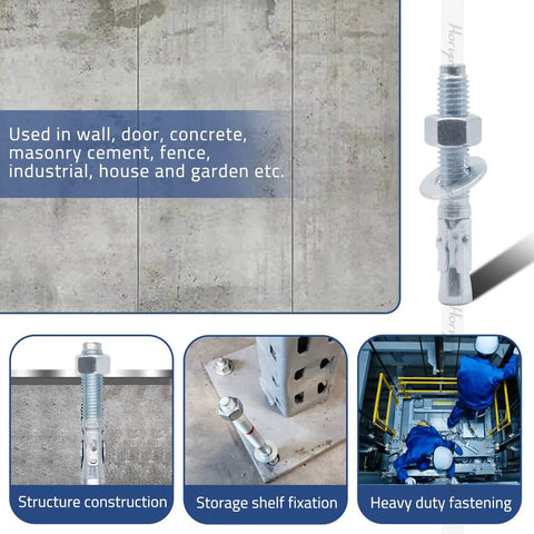 1/2 Inch Concrete Anchors With Washer And Nut Zinc Plated Carbon Steel Wedge Anchors 3 Inch Length 1/2 Inch Outer Diameter Bulk Pack Of 30 For Heavy Duty Reliable Concrete Fastening In Walls Floors And Ceilings, shown in various installation settings.