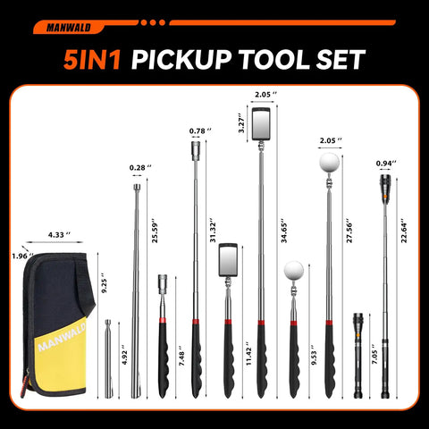 Telescoping Magnetic Pickup Tool Set With Portable Bag Extendable Flashlight And 360 Degree Inspection Mirror For Dads And Makers Yellow