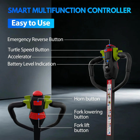 Smart multifunction controller of the Heavy Duty 4400 Lb Capacity Electric Pallet Jack with buttons for safety and control.
