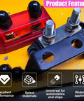 Hardcore M8 Bus Bar Power Distribution Block With Dual Stud Battery Terminal Connections Rated For A Meaty 250 Amps At 48 Volts DC showing red and black blocks.