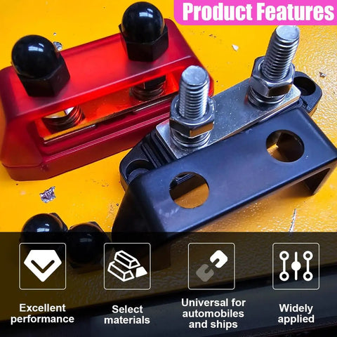 Hardcore M8 Bus Bar Power Distribution Block With Dual Stud Battery Terminal Connections Rated For A Meaty 250 Amps At 48 Volts DC showing red and black blocks.