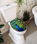 Round Vivid Peacock Colorful Plumage Display Detailed Artwork Toilet Seat on white toilet in modern bathroom setting