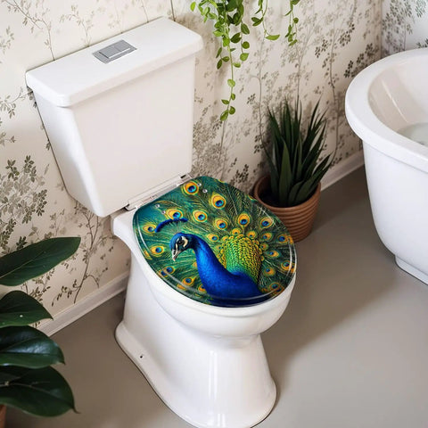 Round Vivid Peacock Colorful Plumage Display Detailed Artwork Toilet Seat on white toilet in modern bathroom setting