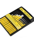 Pro Grade Punch And Chisel Set with flat chisel, pin punch, center punch, and drift punch for metalworking auto repair in tray