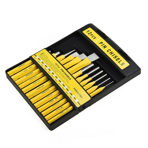 Pro Grade Punch And Chisel Set with flat chisel, pin punch, center punch, and drift punch for metalworking auto repair in tray