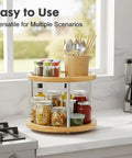 Two Tier Lazy Susan Organizer Revolving Turntable For Cabinets And Countertops 10 Inch Wood Spice Rack with jars and utensils