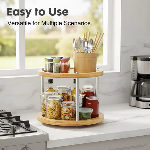 Two Tier Lazy Susan Organizer Revolving Turntable For Cabinets And Countertops 10 Inch Wood Spice Rack with jars and utensils