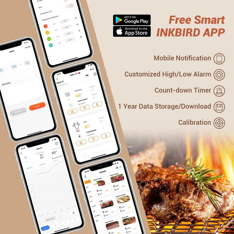 WiFi Meat Thermometer For Smoker And Oven With Four Probes, Digital Grill Thermometer With App Calibration Graph, Real Time Temperature Alerts shown on smartphones with grilled meat