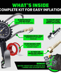 Three In One Tire Inflator And Gauge With Heavy Duty Air Chuck Braided Stainless Hose Large Analog Dial Solid Brass Fittings For Truck And RV 0 To 100 Psi No Battery Needed Inflate Check And Bleed In One Tool with kit components