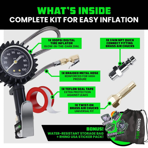 Three In One Tire Inflator And Gauge With Heavy Duty Air Chuck Braided Stainless Hose Large Analog Dial Solid Brass Fittings For Truck And RV 0 To 100 Psi No Battery Needed Inflate Check And Bleed In One Tool with kit components
