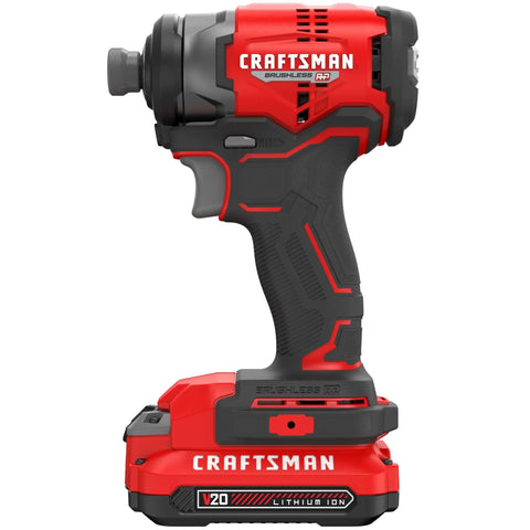 Brushless Cordless Impact Driver With One Quarter Inch Chuck Battery And Charger Included Delivers Up To 1500 In Lbs Torque 30 Percent More Runtime Quick Bit Changes Built For Tough Decks Framing And Assembly red and black side view