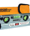 Magnetic Torpedo Laser Level With One Laser Beam Red Accurate One Eighth Inch At Fifty Feet Four Vial Readouts For Plumb Level And Forty Five Degree Angles Workhorse Tool For Framing Cabinets And DIY Projects, shown with orange case and batteries.